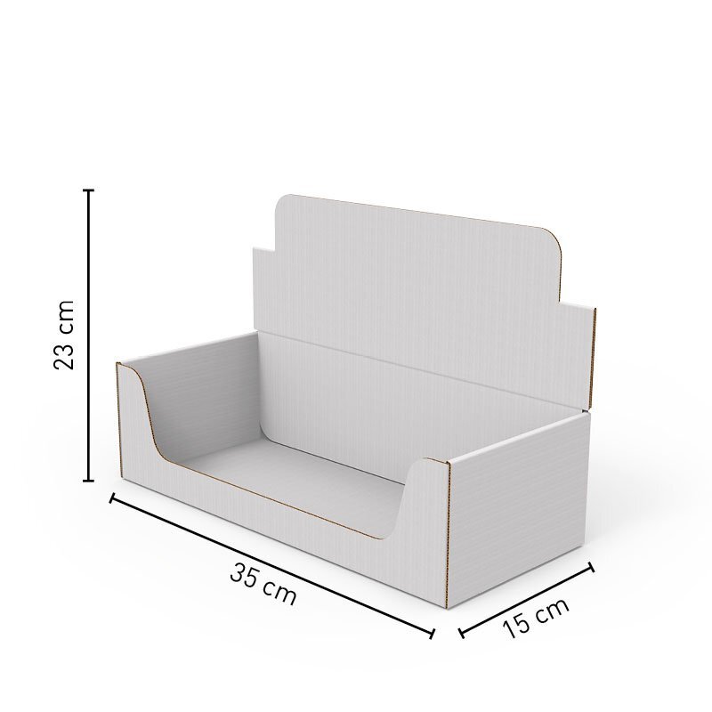 Espositore da banco in cartone utilizzabile come scatola porta prodotti formato l35 X h10 cm 