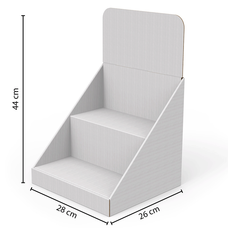 Espositore da banco in cartone con due ripiani e forma a scala L28 x H44 x P26 cm